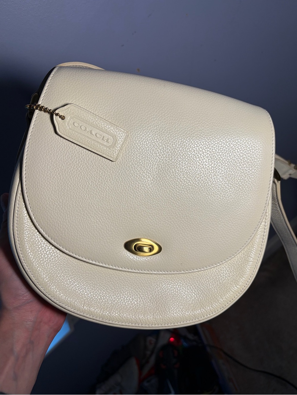 Coach Cream Pebbled Leather Saddle Crossbody with Gold Turnlock